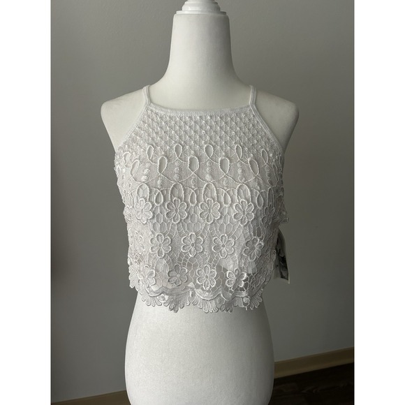 5th & Ocean Tops - Vintage Embroidered Knit White Halter Backless Top 90s Festival Beach Boho